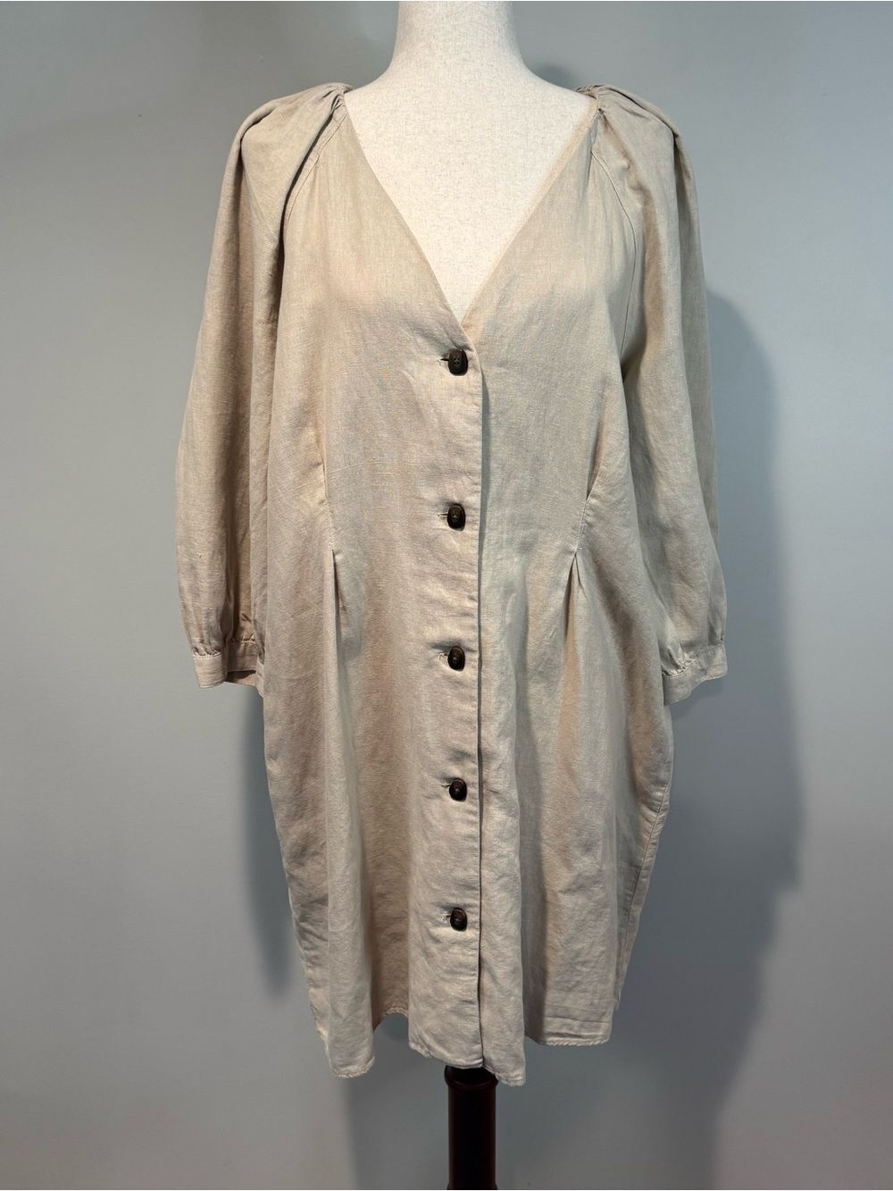 Zara Linen Blend Beige Button Shirt Dress Puff Sleeves Coastal Minimalist Size L